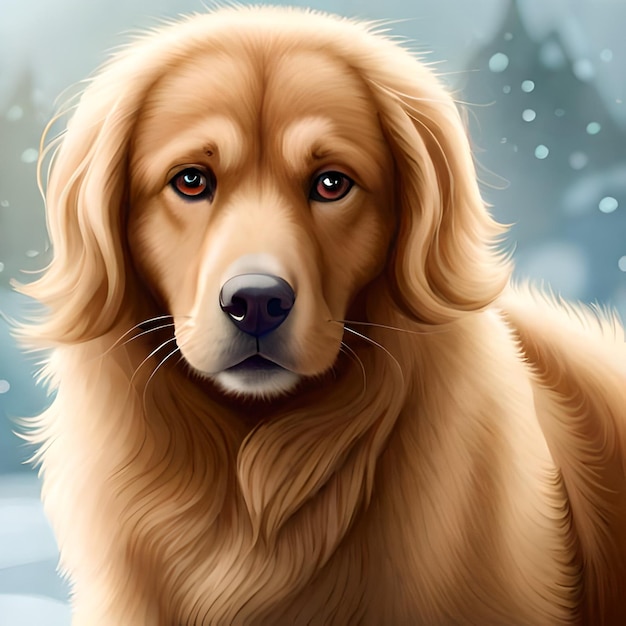 Una pintura de un perro golden retriever con un fondo nevado.
