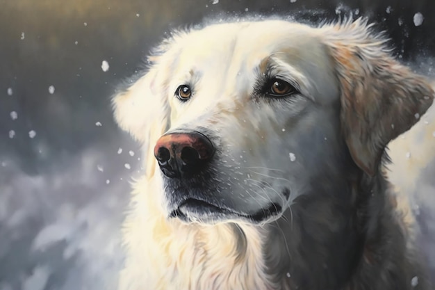 Una pintura de un perro golden retriever con nieve cayendo sobre su cara.