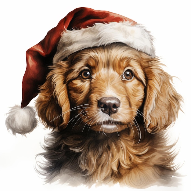 pintura de un perro con un gorro de Papá Noel sobre un fondo blanco ai generativo