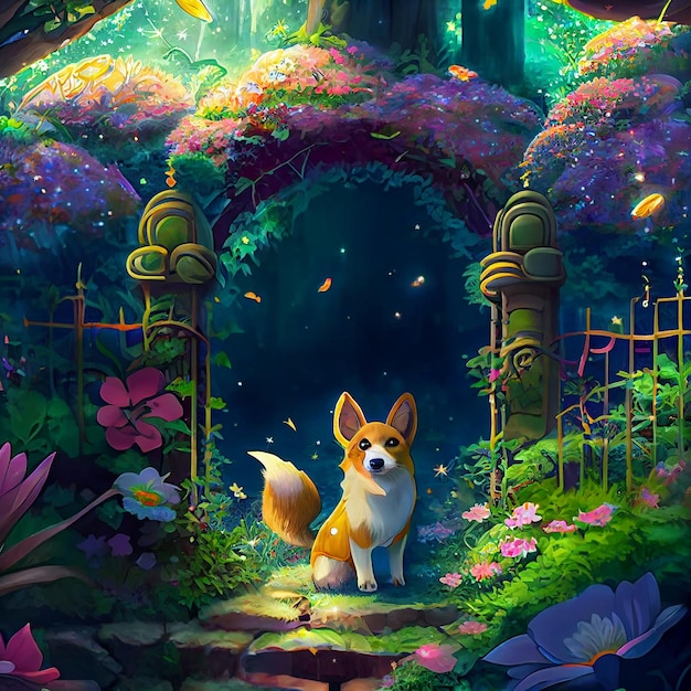 Una pintura de un perro en un jardín con una puerta y flores.