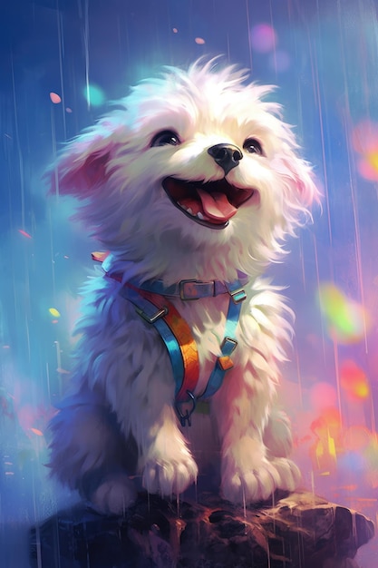 Una pintura de un perro bajo la lluvia.