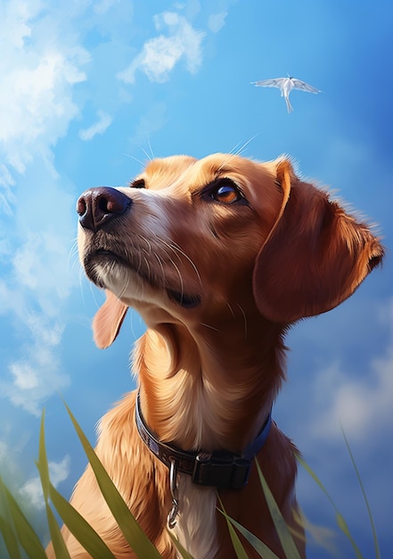 pintura de un perro mirando un pájaro en el cielo ai generativo