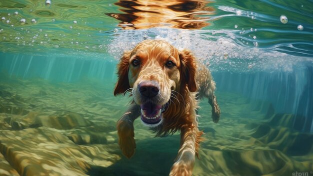 Una pintura de un perro nadando en el agua