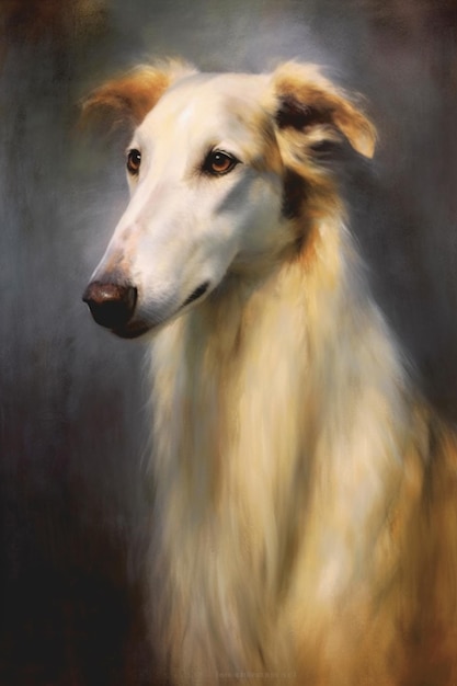 Pintura de un perro con nariz marrón y pelaje blanco