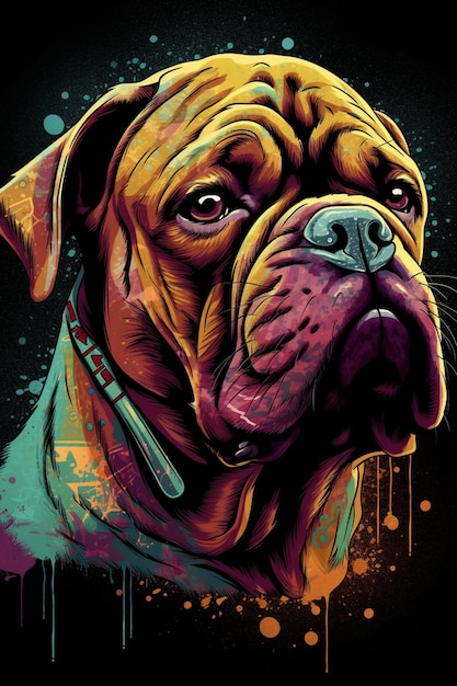 Una pintura de un perro con nariz morada y labios morados.