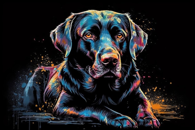 Una pintura de un perro negro con una cara colorida.