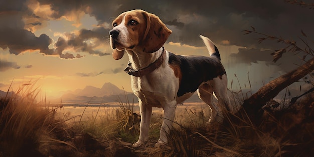 pintura de un perro parado en un campo con un cielo nublado ai generativo