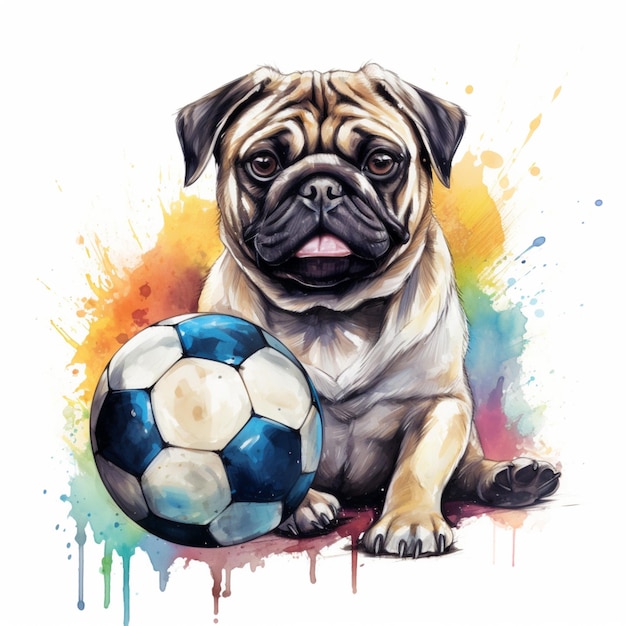 Pintura de un perro pug con un balón de fútbol frente a él generativo ai