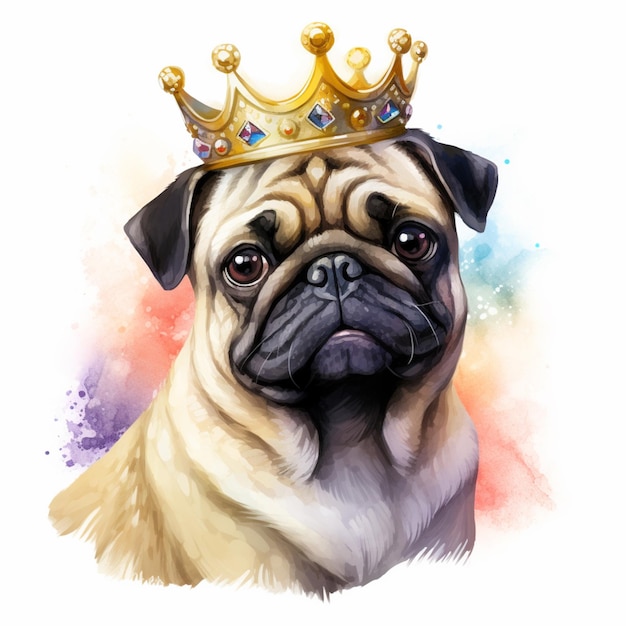 Pintura de un perro pug con una corona sobre un fondo blanco ai generativo