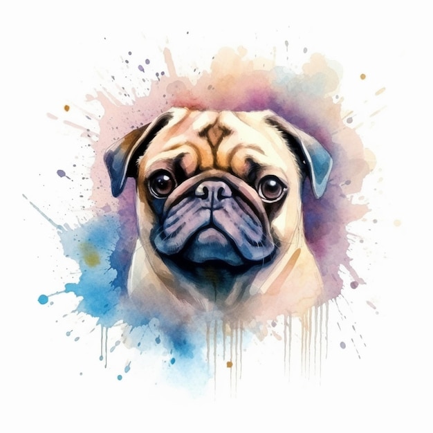 Pintura de un perro pug con un fondo colorido