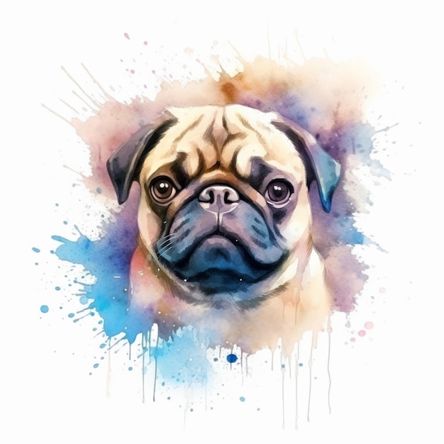 Pintura de un perro pug con un fondo salpicado