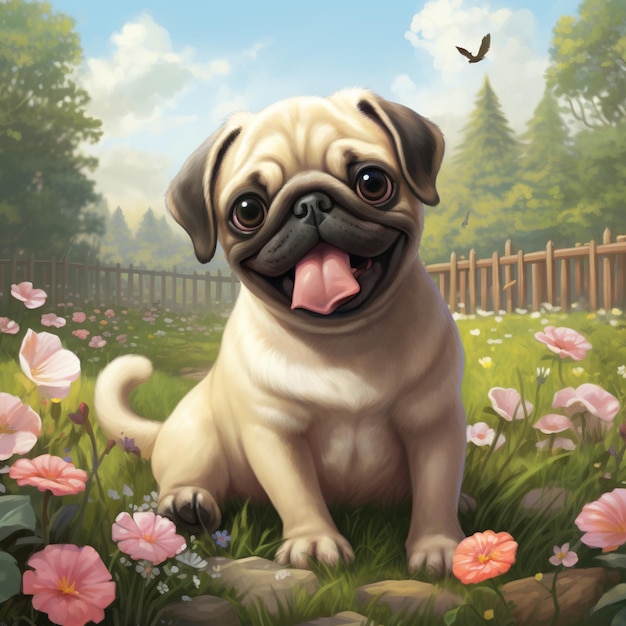 pintura de un perro pug sentado en un jardín con flores generativo ai