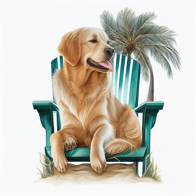 Pintura de un perro sentado en una silla con palmera generativa ai.