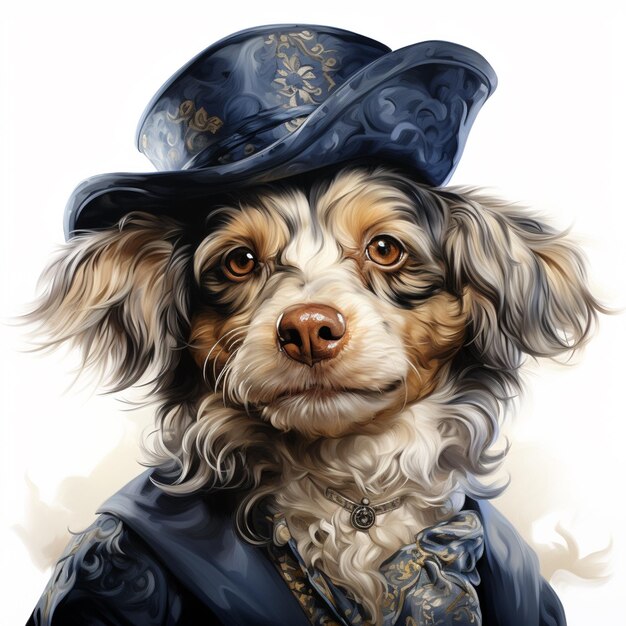 pintura de un perro con un sombrero y un abrigo azul generativo ai