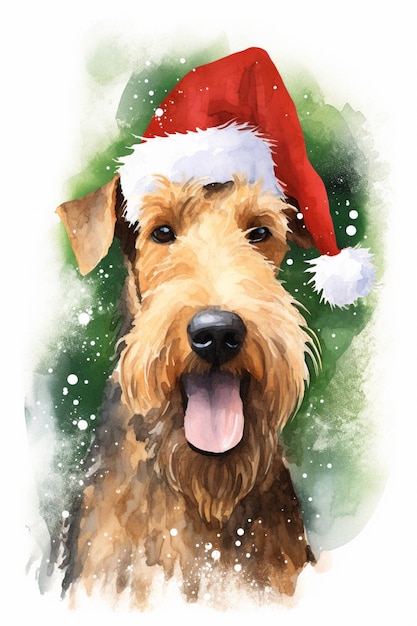 Pintura de un perro con un sombrero de Papá Noel con la lengua afuera