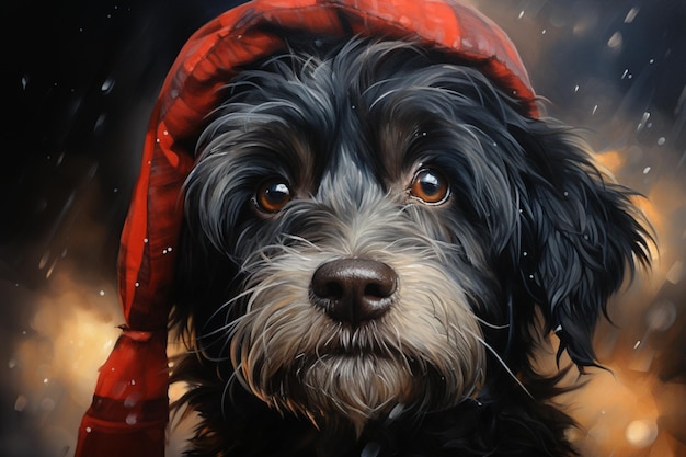 Pintura de un perro con un sombrero rojo y una bufanda en generativo ai