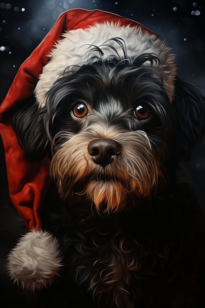 Pintura de un perro con un sombrero de Santa con una bufanda roja