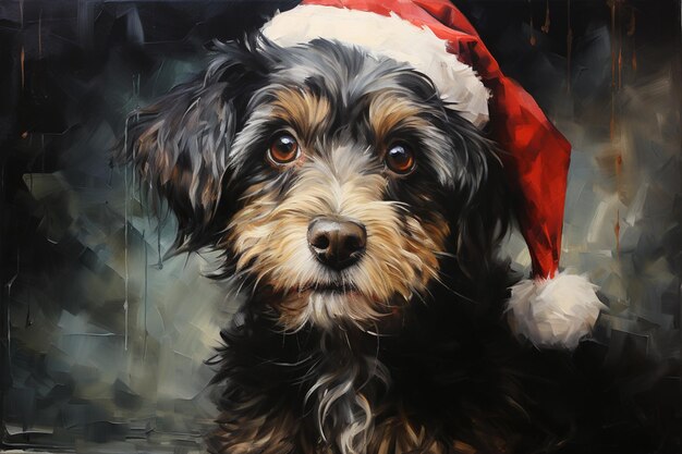 pintura de un perro con un sombrero de Santa en un fondo oscuro generativo ai