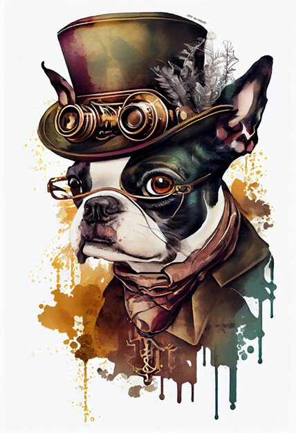 Foto pintura de un perro con un sombrero steam punk y gafas generativas ai