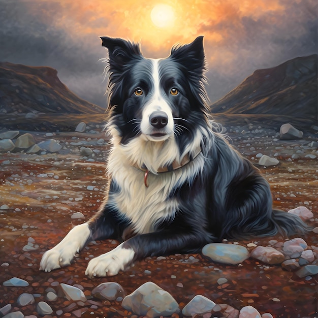 Una pintura de un perro tirado en el suelo con la puesta de sol detrás de él.