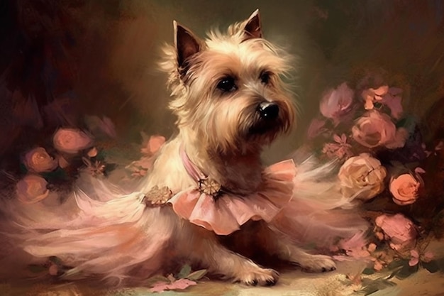 Pintura de un perro en un vestido sentado en un lecho de flores generativo ai