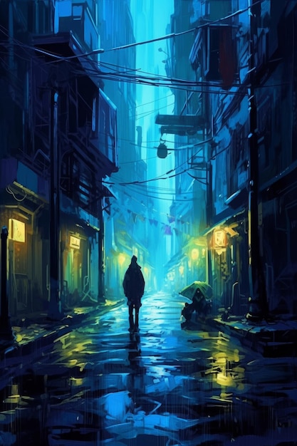 Una pintura de una persona caminando por una calle con una luz azul que dice 'el final'