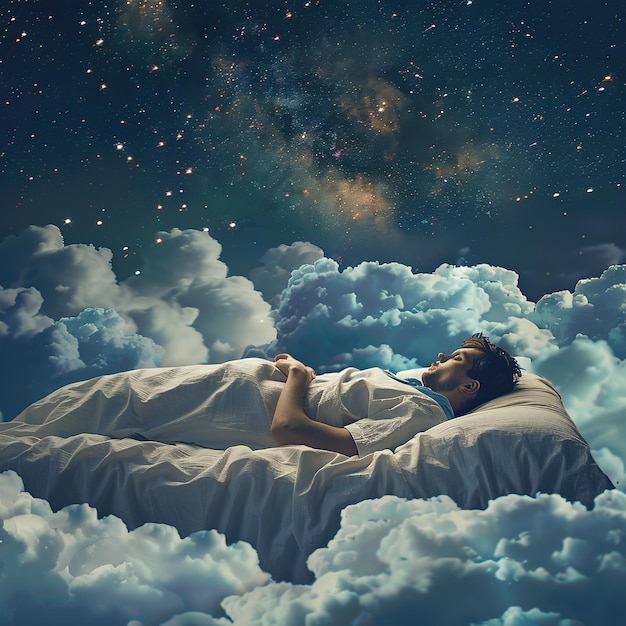 una pintura de una persona durmiendo en las nubes con una imagen de un hombre durmiendo En las nubes