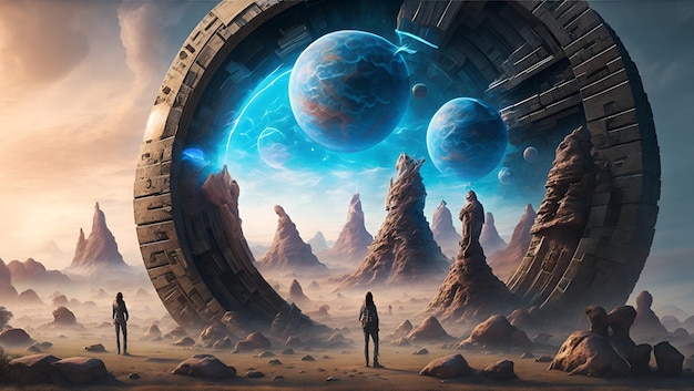 Foto una pintura de una persona mirando un planeta con un gran agujero en el centro.