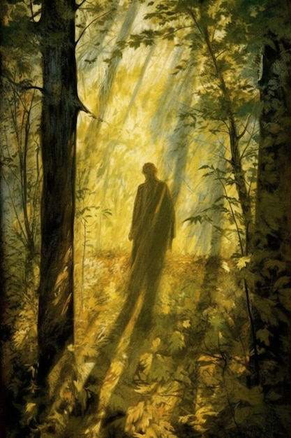 Una pintura de una persona de pie en un bosque con el sol brillando a través de los árboles.