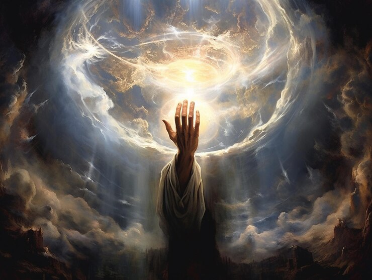 Foto pintura de una persona que alcanza una luz en un cielo nublado generativo ai