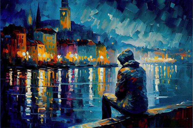 Una pintura de una persona sentada en un muelle mirando las luces de la ciudad.