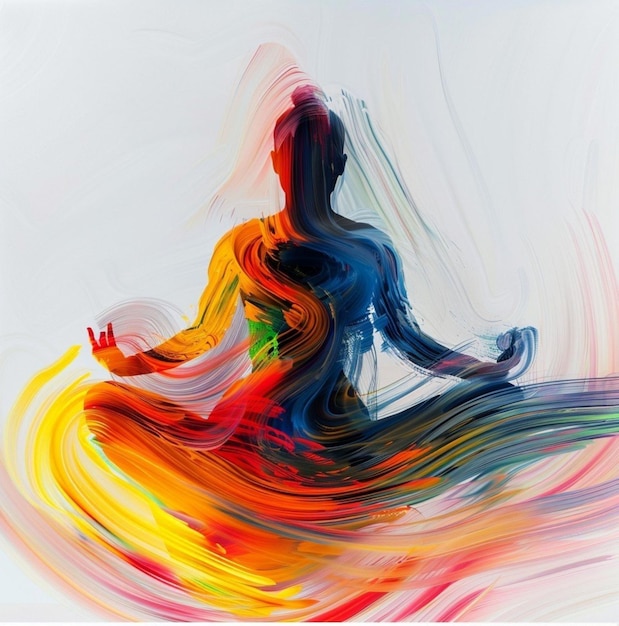 una pintura de una persona sentada en un patrón colorido