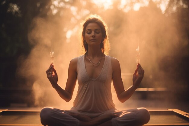 Una pintura de una persona sentada en una posición de loto con las palabras meditación en el frente