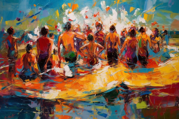 Una pintura de personas en el agua con las palabras "playa" en la parte inferior.