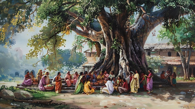 una pintura de personas bajo un árbol con un árbol en el fondo