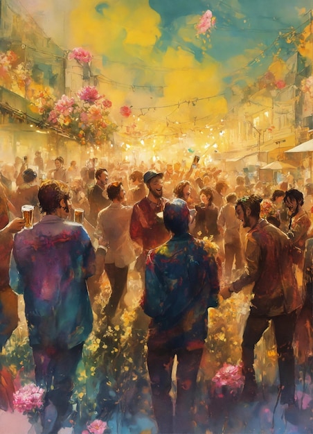 una pintura de personas en un área concurrida con un hombre jugando Holi