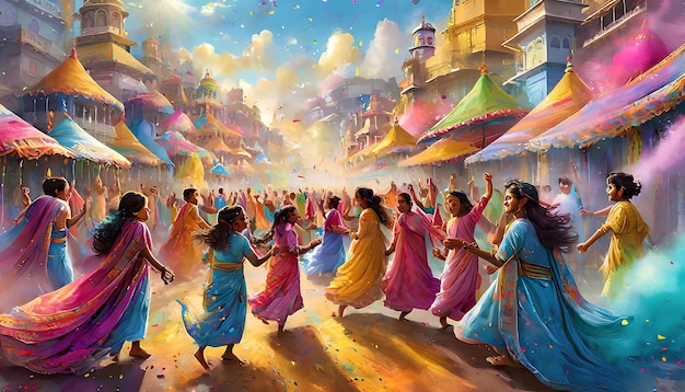 una pintura de personas bailando en un carnaval con un fondo de cielo