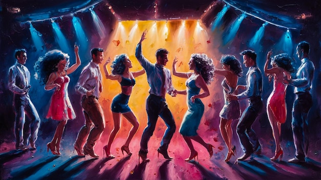 una pintura de personas bailando frente a un escenario con luces detrás de ellas