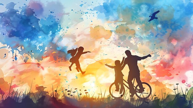 Foto una pintura de personas en bicicletas y el cielo con el sol detrás de ellos