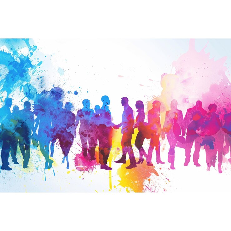 Foto una pintura de personas caminando en una línea con la palabra la palabra en él