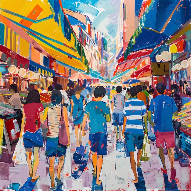 una pintura de personas caminando en un mercado con una pintura de un hombre llevando una bolsa