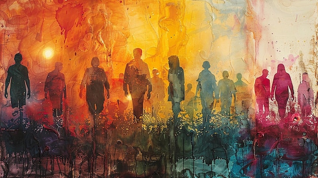 una pintura de personas en un campo con la palabra la palabra en él