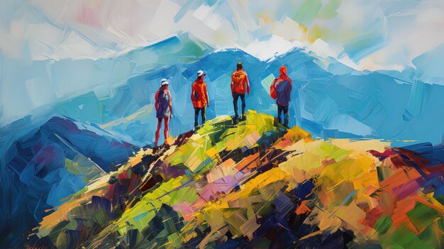 Una pintura de personas en la cima de una montaña