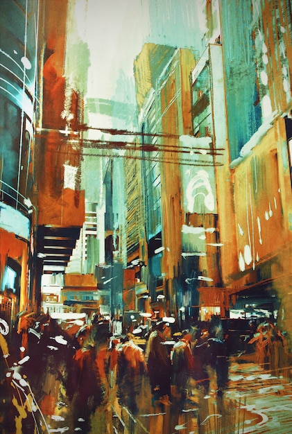 pintura de personas en la ciudad urbana moderna