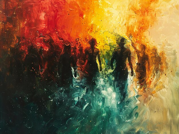 una pintura de personas en un fondo de color oscuro