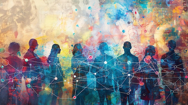 una pintura de personas frente a un fondo colorido