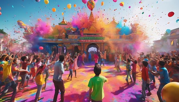 una pintura de personas frente a un templo con globos en el fondo