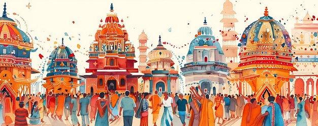 una pintura de personas frente a un templo con un templo en el fondo
