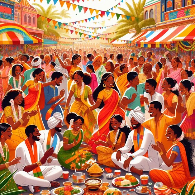 una pintura de personas en sari naranja y amarillo celebrando la danza Ugadi y Gudi Padwa