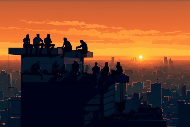 Una pintura de personas sentadas en una azotea con la puesta de sol detrás de ellos.